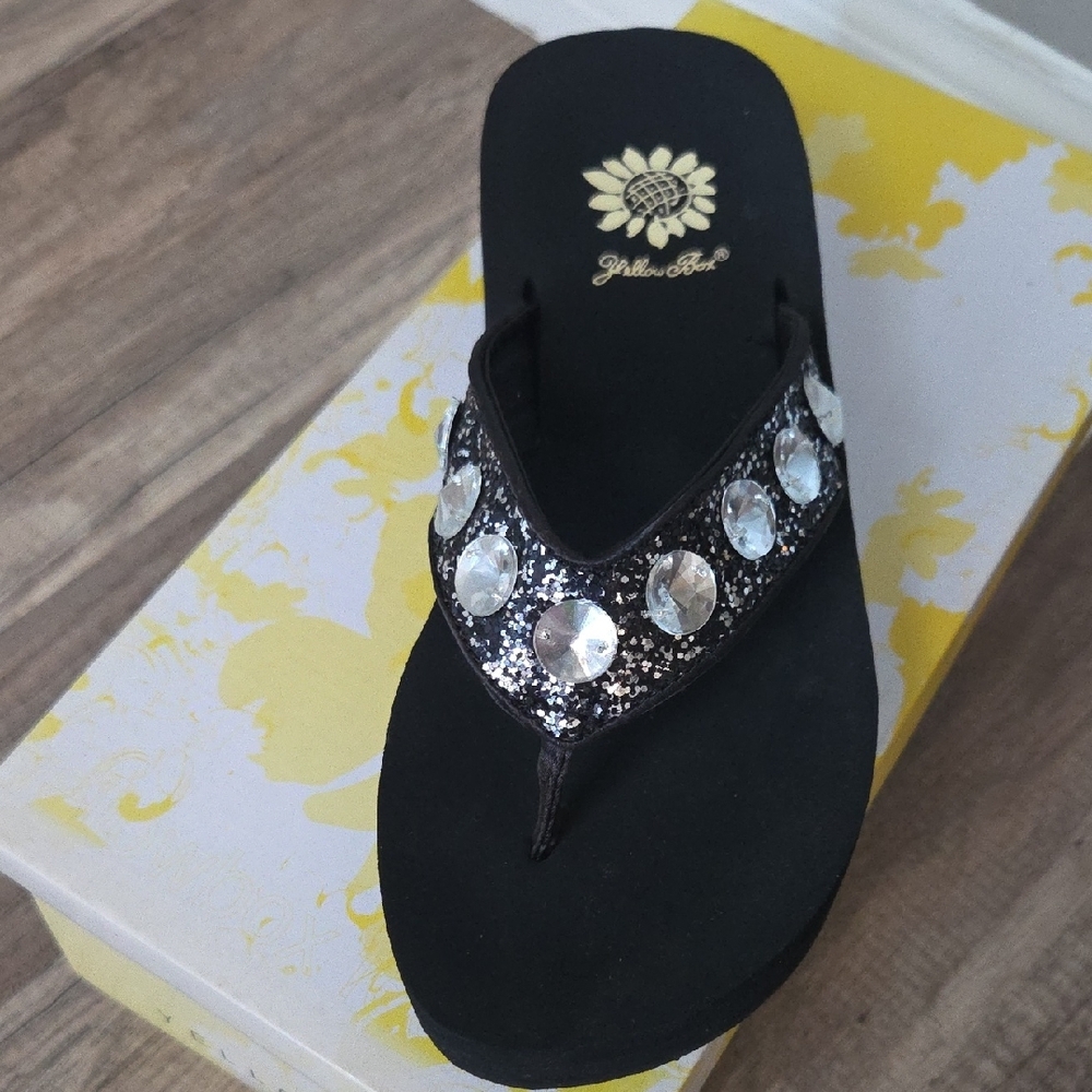 Yellow Box Black Embellished Wedge Flip Flop Sandals "RONNI"